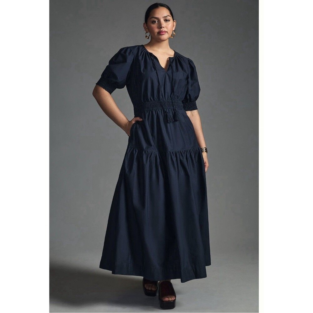 Anthropologie Moon River Puff Sleeve Dress Sz 2X Navy Blue NWT